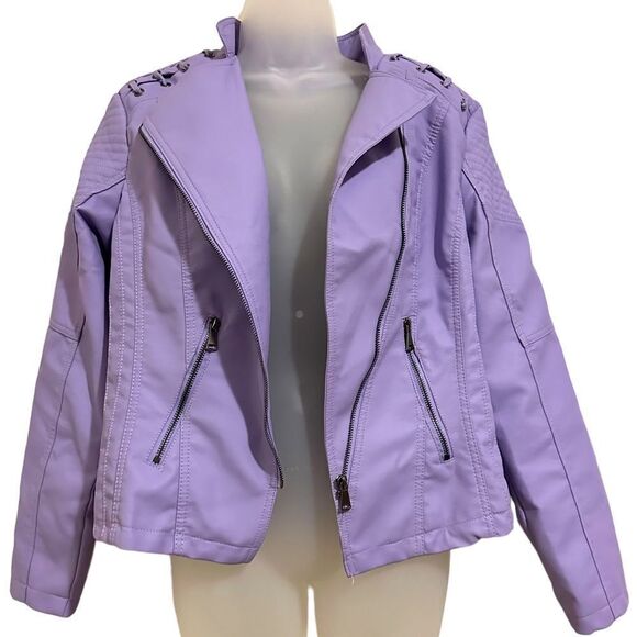 Purple Moto Punk Biker Fo Leather Full Zip Tie Tassels Side Zip Pockets Jacket - Picture 5 of 8